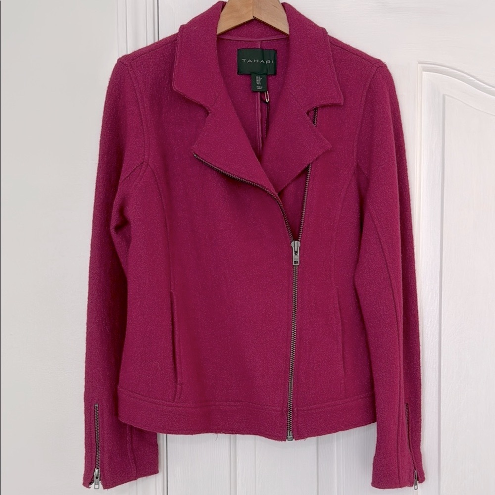 Tahari Women's Small NWT fuchsia wool blend full zip Moto Jacket